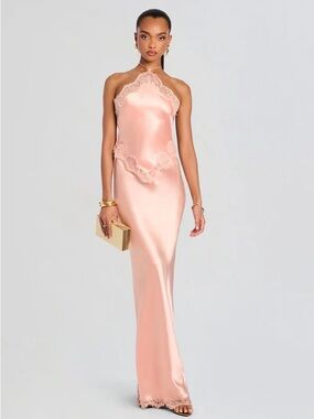 RETROFETE EVERLY DRESS
 Silky Lace Trim Halter Gown in Blush Color Peche